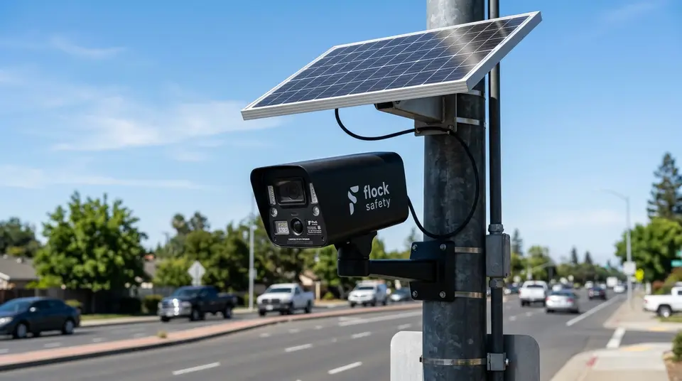 A Flock Safety license plate reader camera mounted on a pole